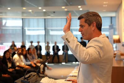 Alisdair Barr in front of candidates